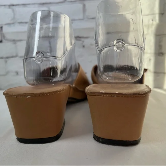 Donald J. Pliner Tan Leather Wedge Slides Sandals Buckle Size 7.5 Narrow - Picture 5 of 14